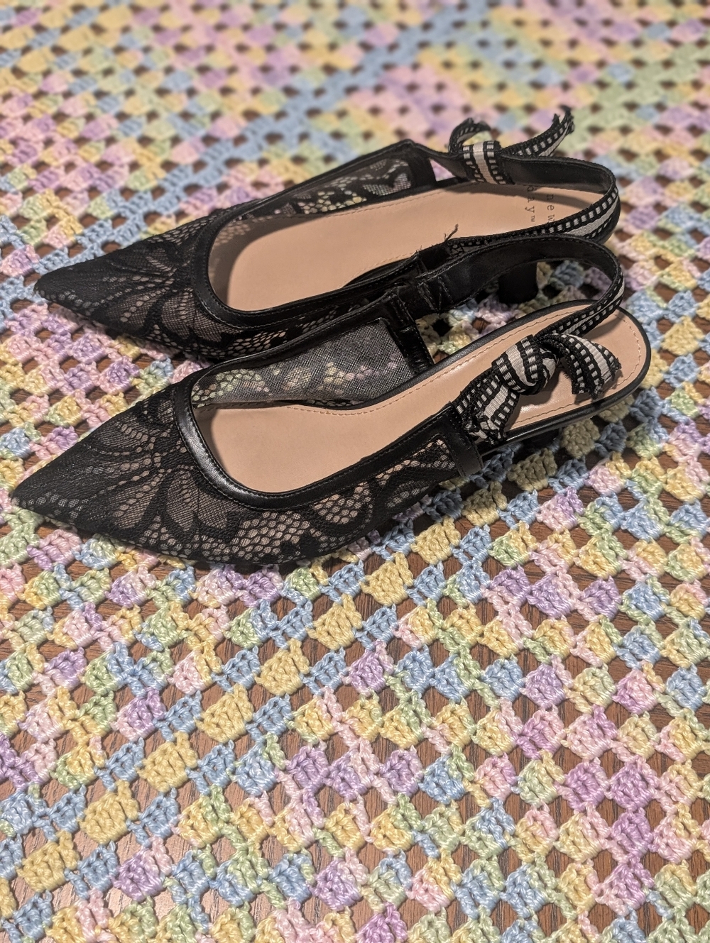 A New Day Black Lace Pointed Toe Slingback Mini Kitten Style Heels Size 6.5
